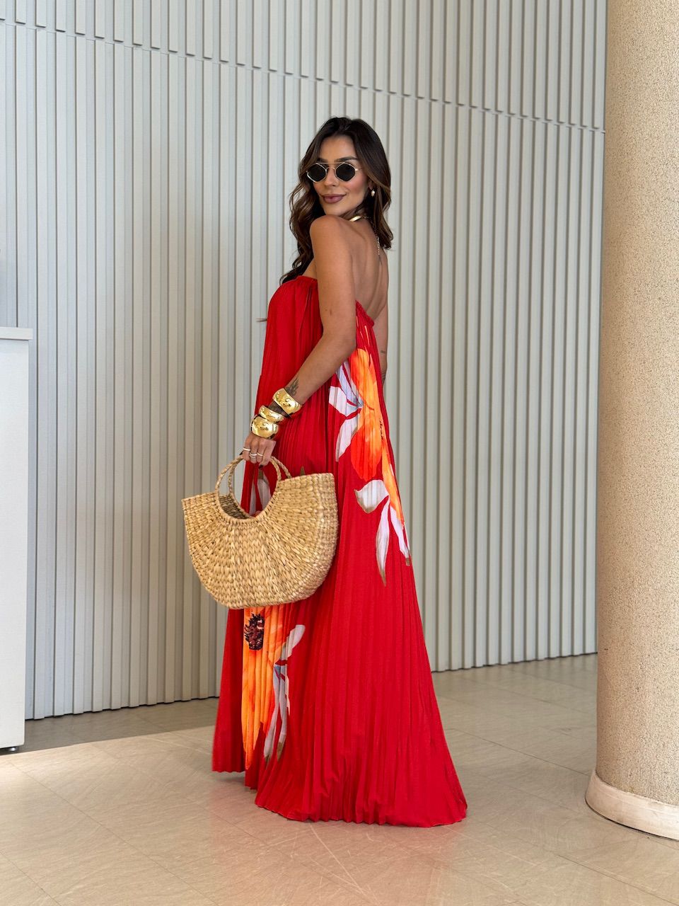 VESTIDO ELIZABETH PLISSADO ESTAMPADO VERMELHO