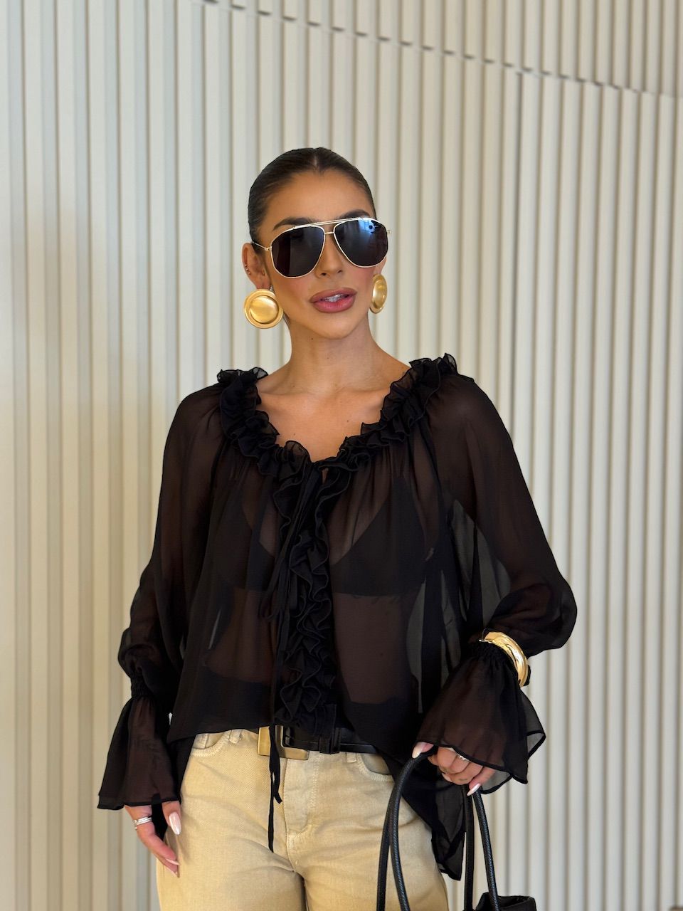 BATA CIBELE BABADO PRETA - 0076710033 - CAROLLA FERRARO