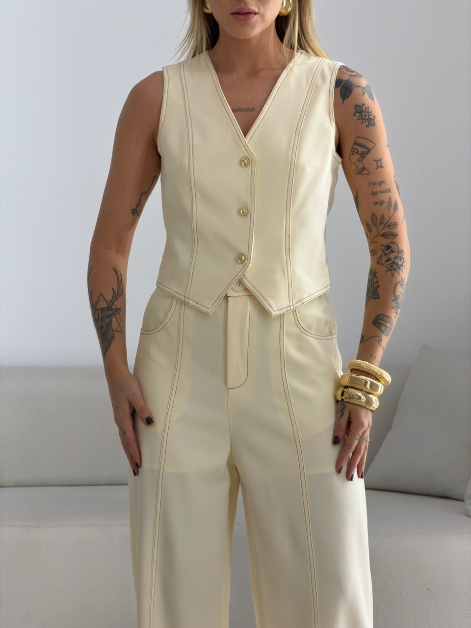 CONJUNTO CLÉIA COLETE CALÇA CREME