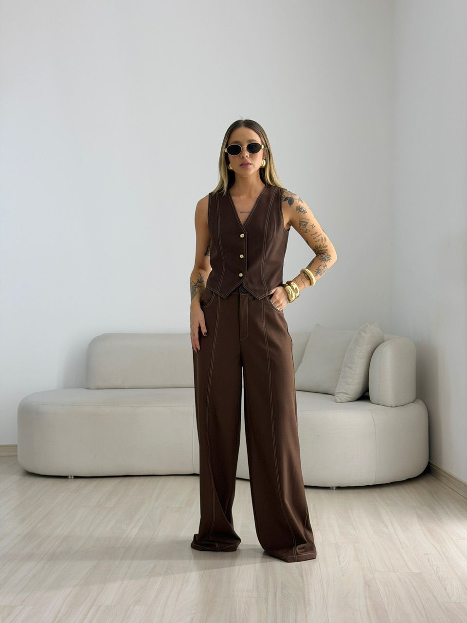 CONJUNTO CLÉIA COLETE CALÇA MARROM - 0076690054 - CAROLLA FERRARO