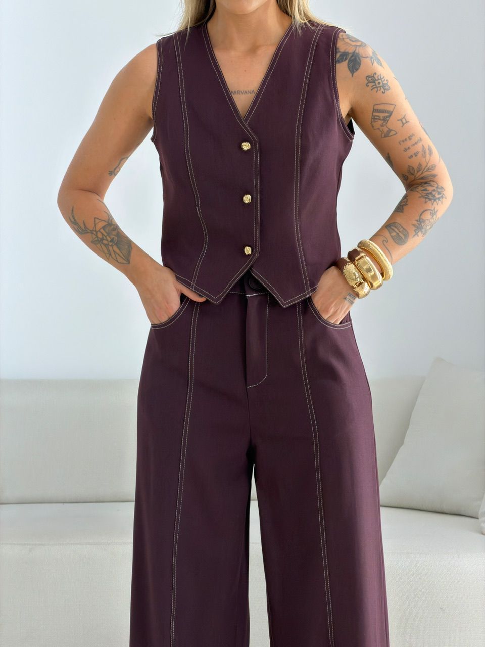 CONJUNTO CLÉIA COLETE CALÇA VINHO