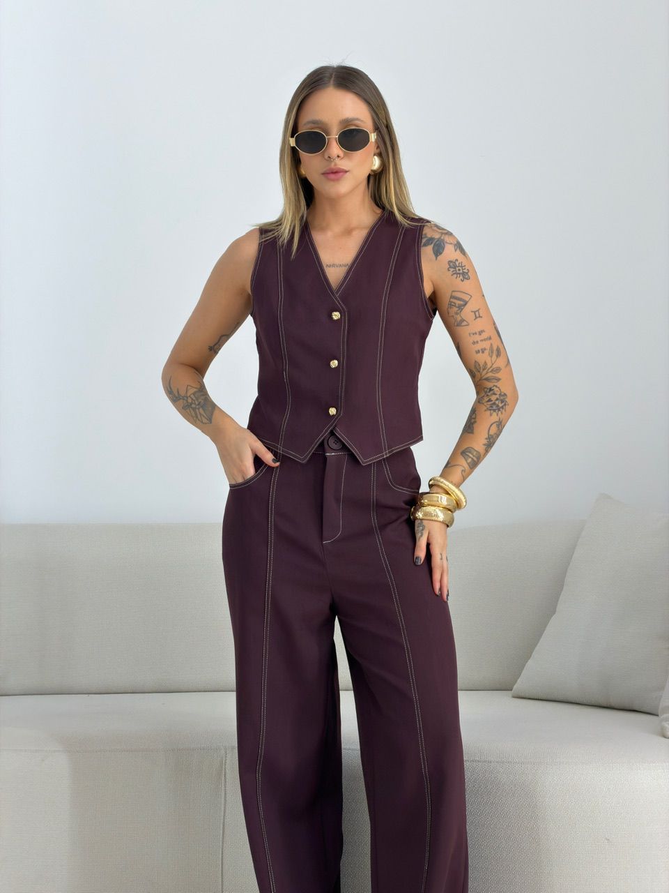 CONJUNTO CLÉIA COLETE CALÇA VINHO - 0076690168 - CAROLLA FERRARO