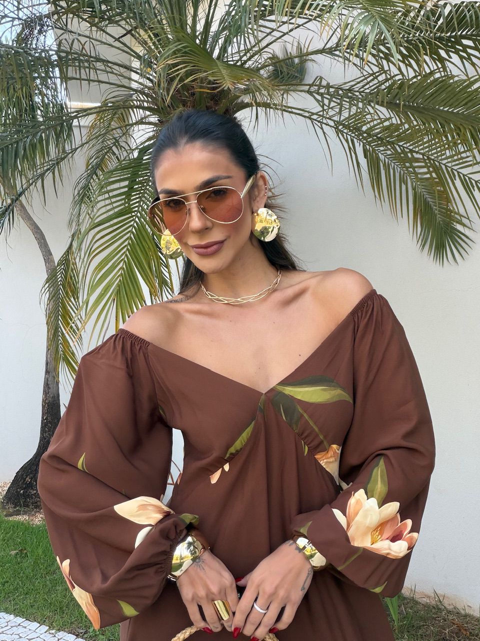 VESTIDO ANITA FLOR MARROM