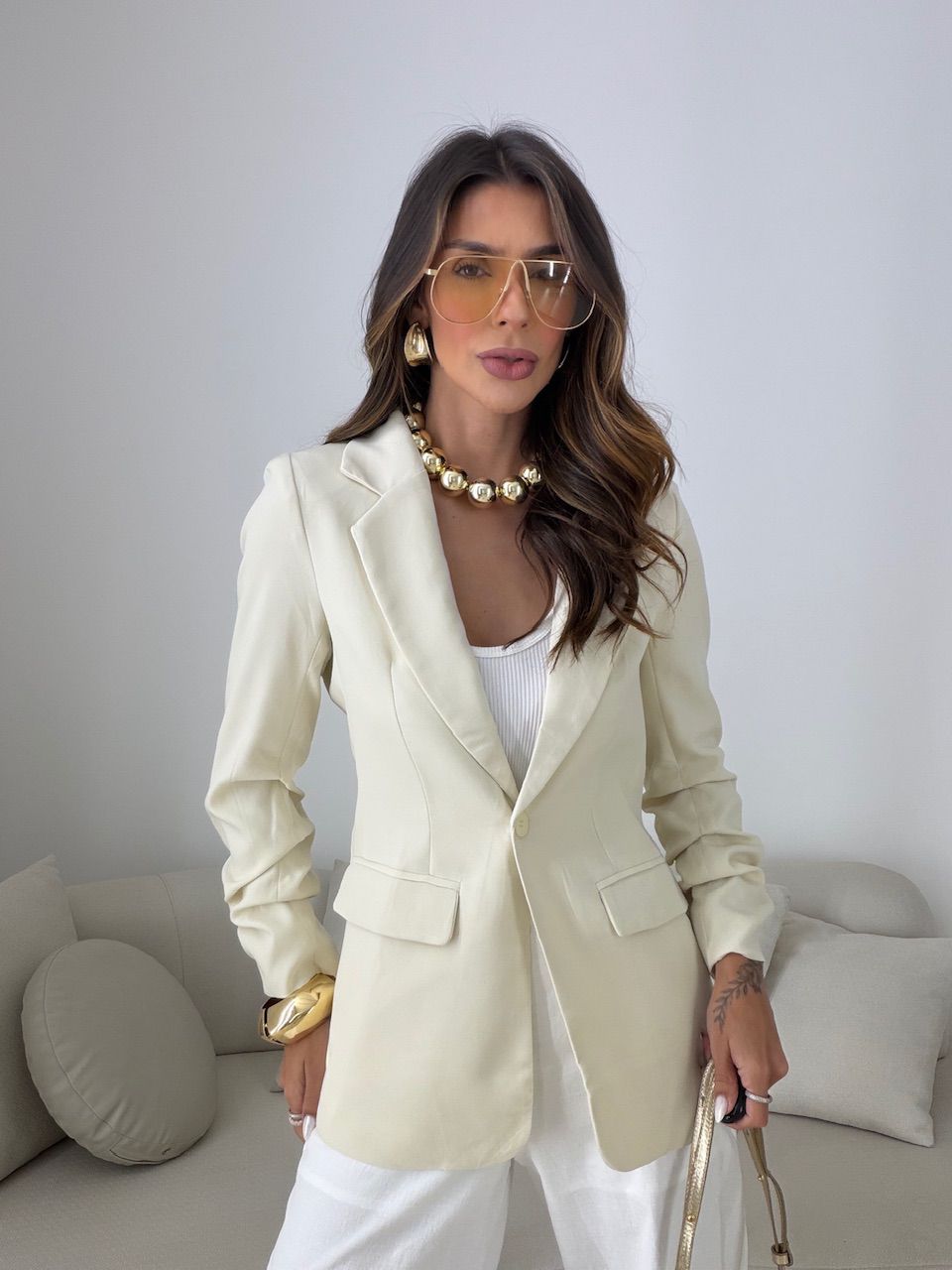 BLAZER DUDA ALONGADO AREIA - 0081270110 - CAROLLA FERRARO