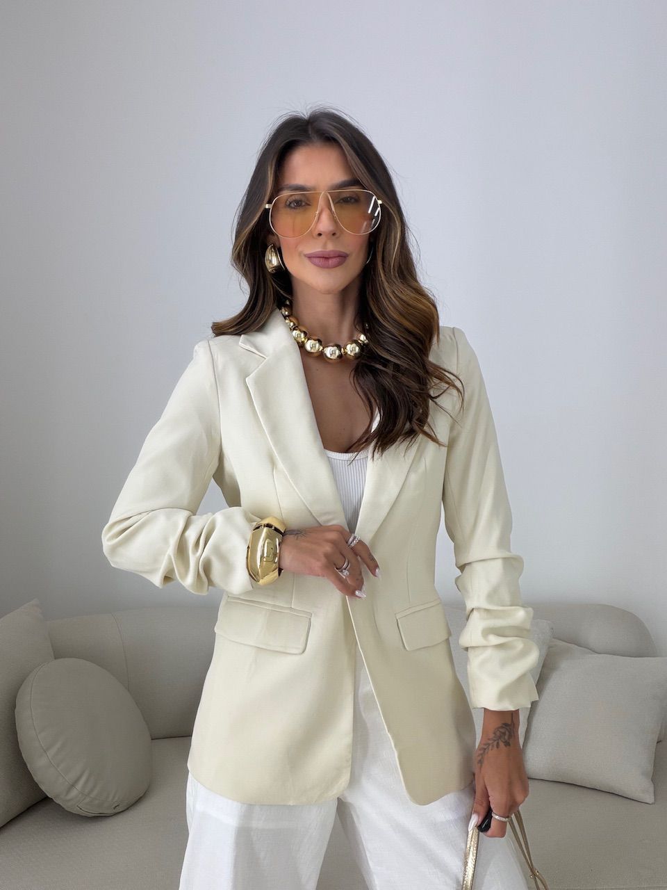 BLAZER DUDA ALONGADO AREIA