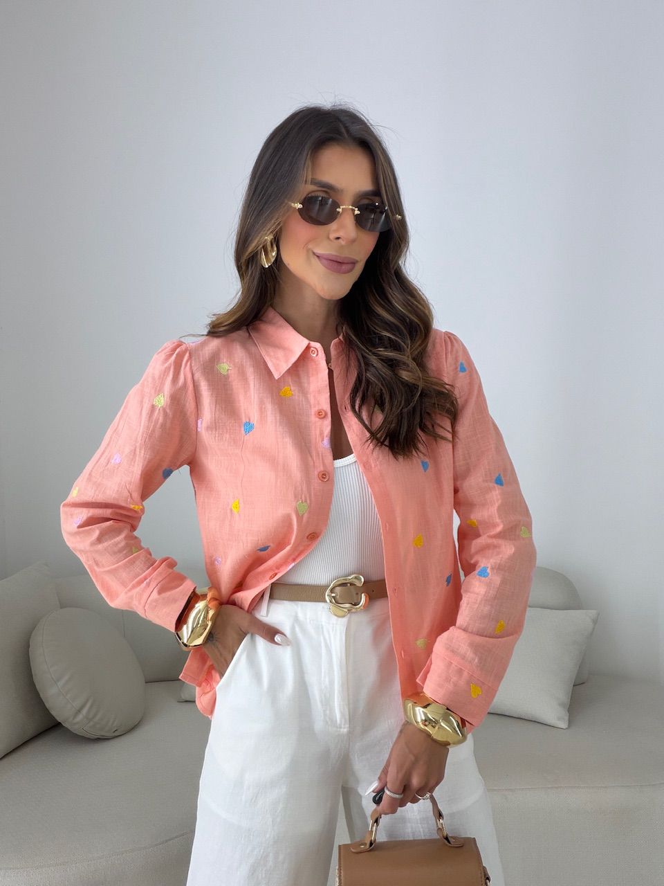 CAMISA BEATRIZ CORAÇÕES PÊSSEGO - 0081230039 - CAROLLA FERRARO