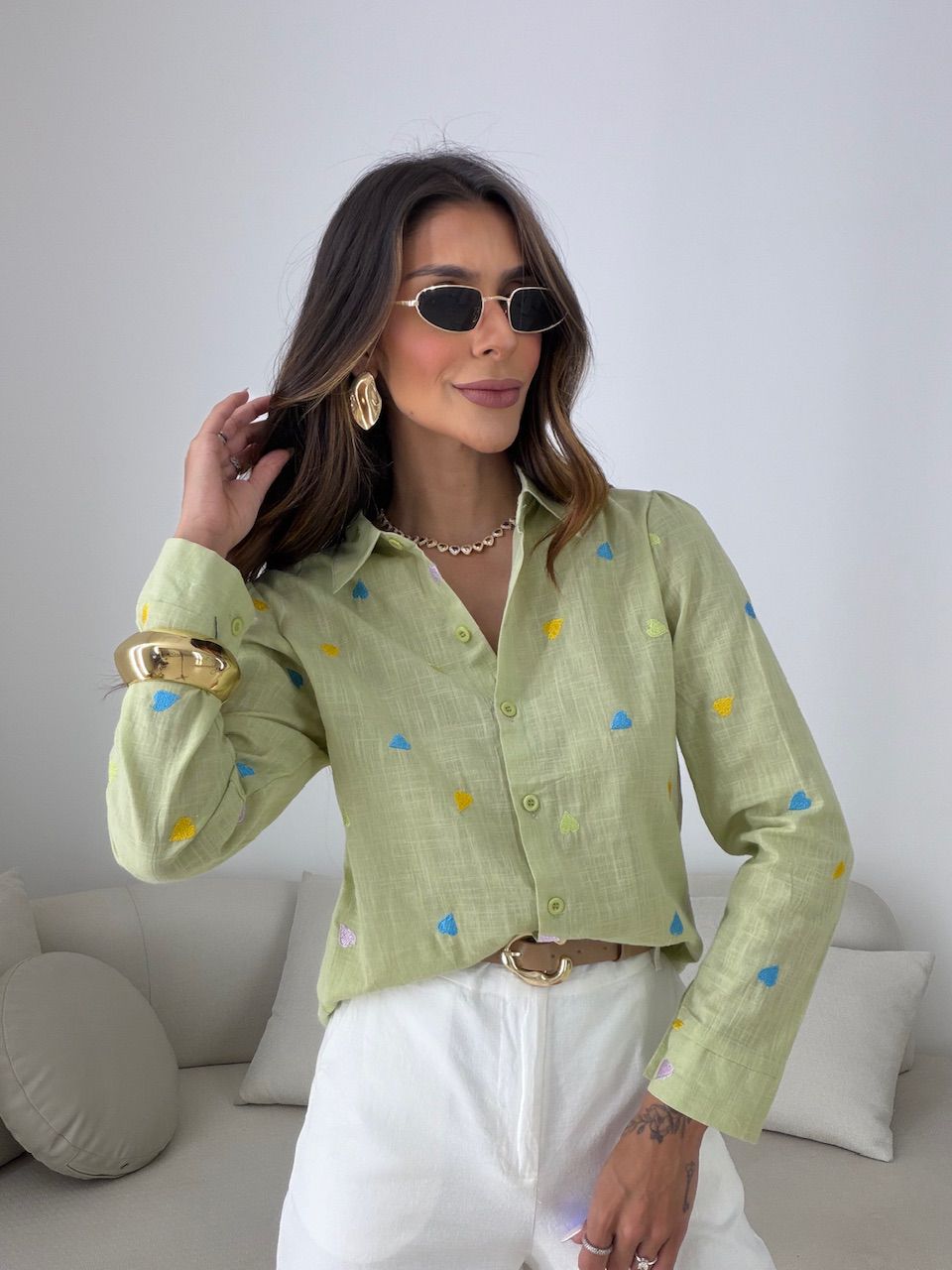 CAMISA BEATRIZ CORAÇÕES VERDE - 0081230014 - CAROLLA FERRARO