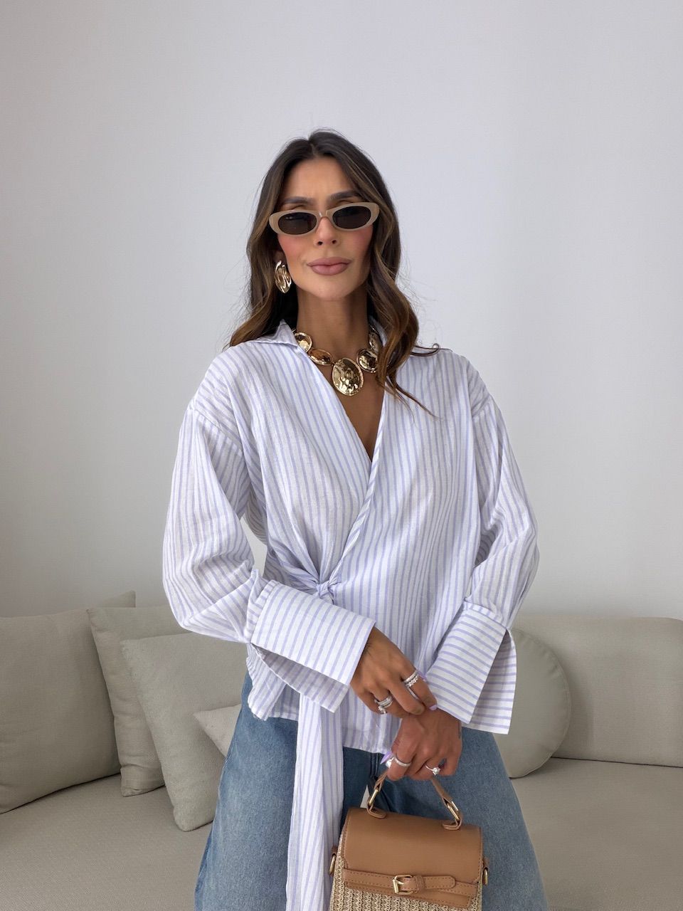 CAMISA MILENY AMARRAÇÃO OFF/LILÁS - 0082340338 - CAROLLA FERRARO