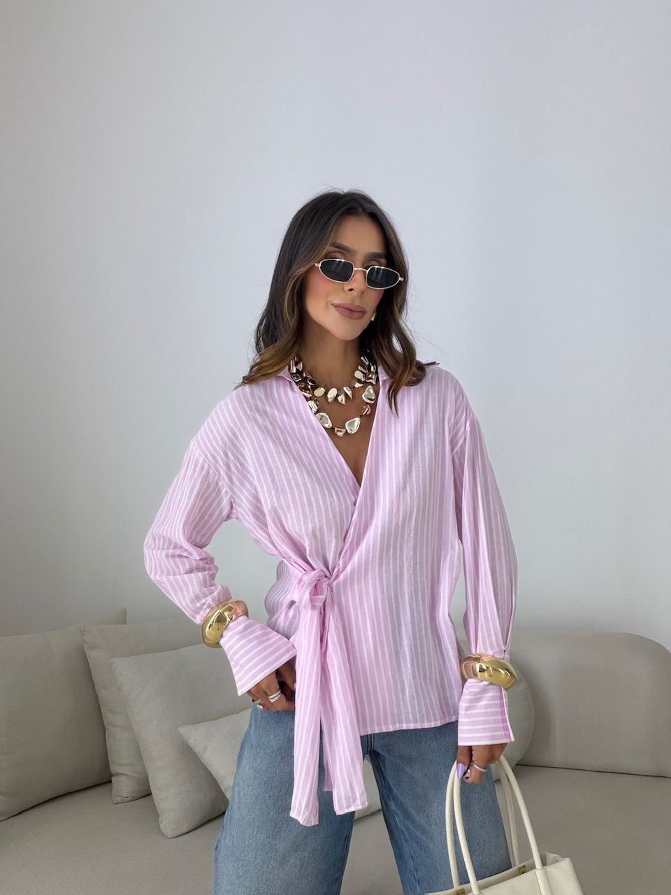 CAMISA MILENY AMARRAÇÃO ROSA/OFF - 0082340480 - CAROLLA FERRARO