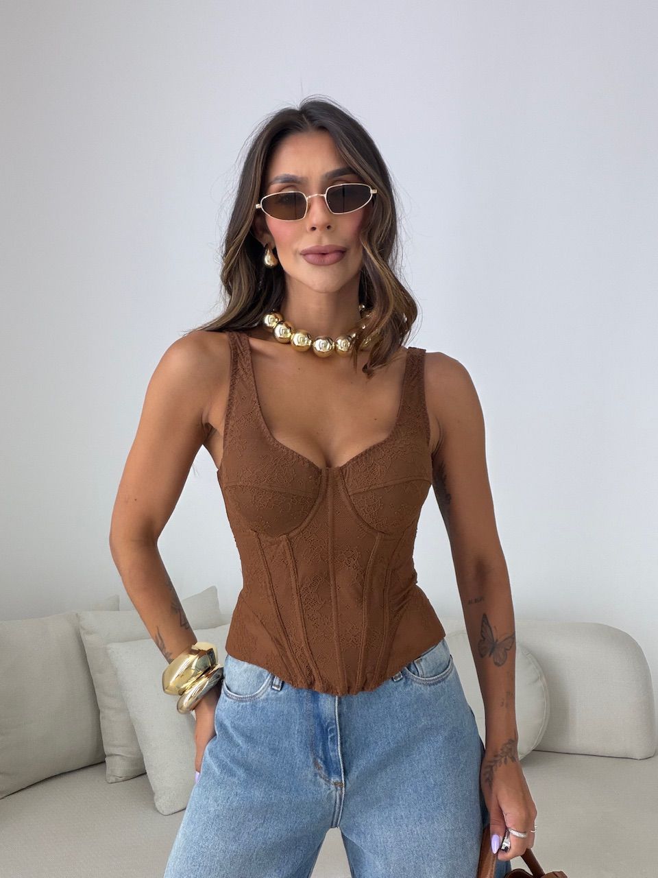 CORSELET LOREN RENDA MARROM - 0082550054 - CAROLLA FERRARO