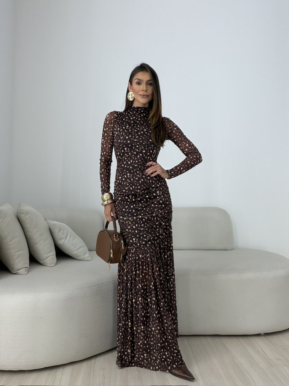 VESTIDO MILENA ESTAMPADO MARROM - 0079300054 - CAROLLA FERRARO