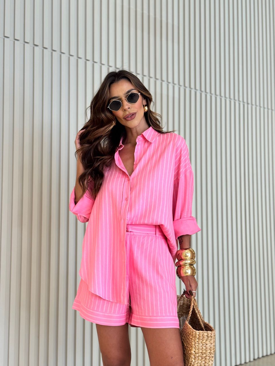 CAMISA GEANE LISTRAS ROSA - 0070910031 - CAROLLA FERRARO