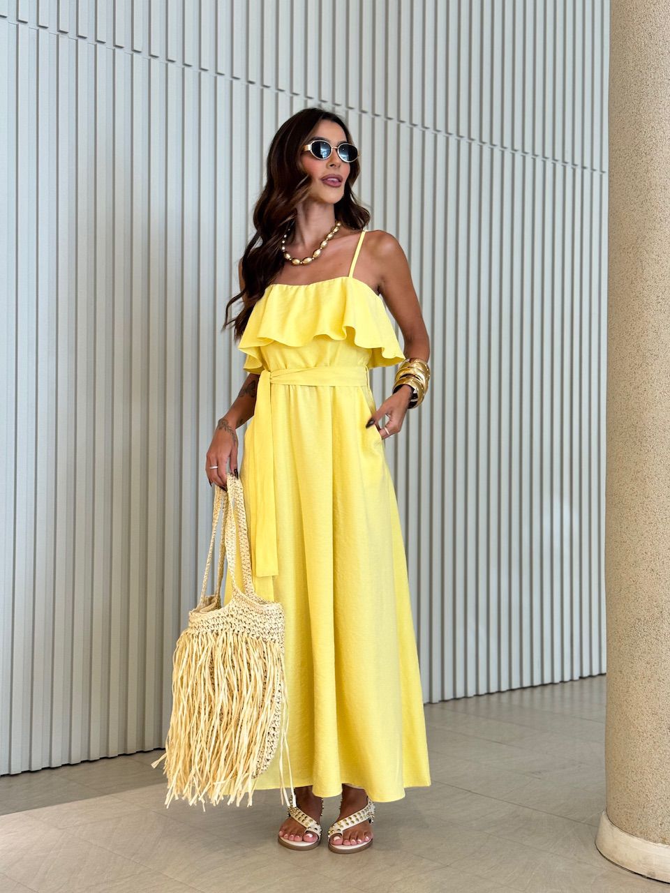 VESTIDO KAROL BABADO BUSTO AMARELO - 0070940111 - CAROLLA FERRARO