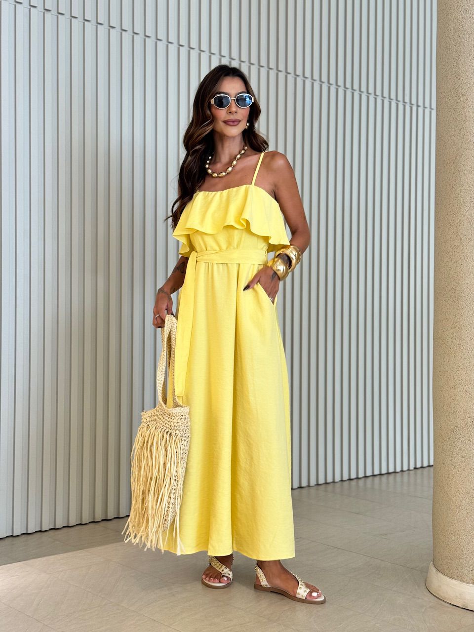 VESTIDO KAROL BABADO BUSTO AMARELO