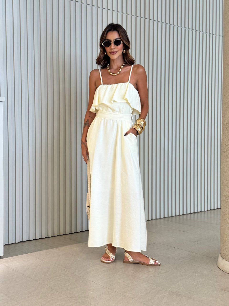 VESTIDO KAROL BABADO BUSTO MARFIM - 0070940056 - CAROLLA FERRARO
