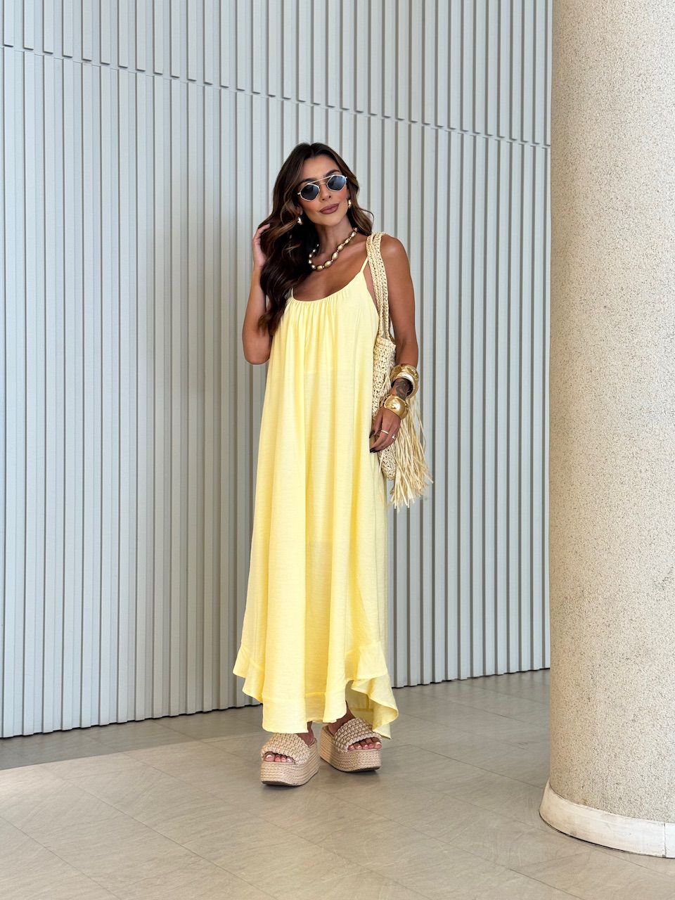 VESTIDO EMANUELY ALCINHA LONGO YELLOW BUTTER