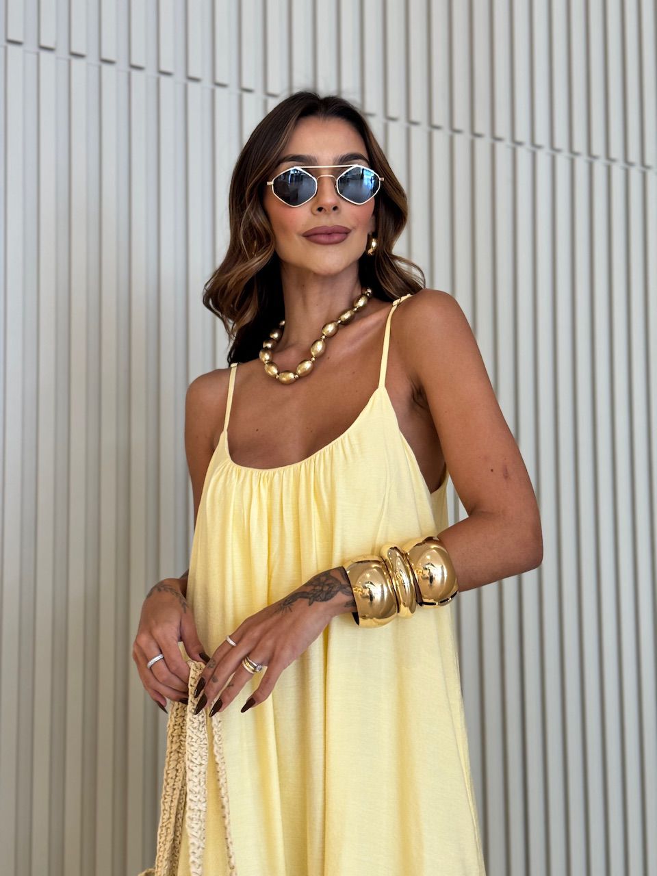 VESTIDO EMANUELY ALCINHA LONGO YELLOW BUTTER