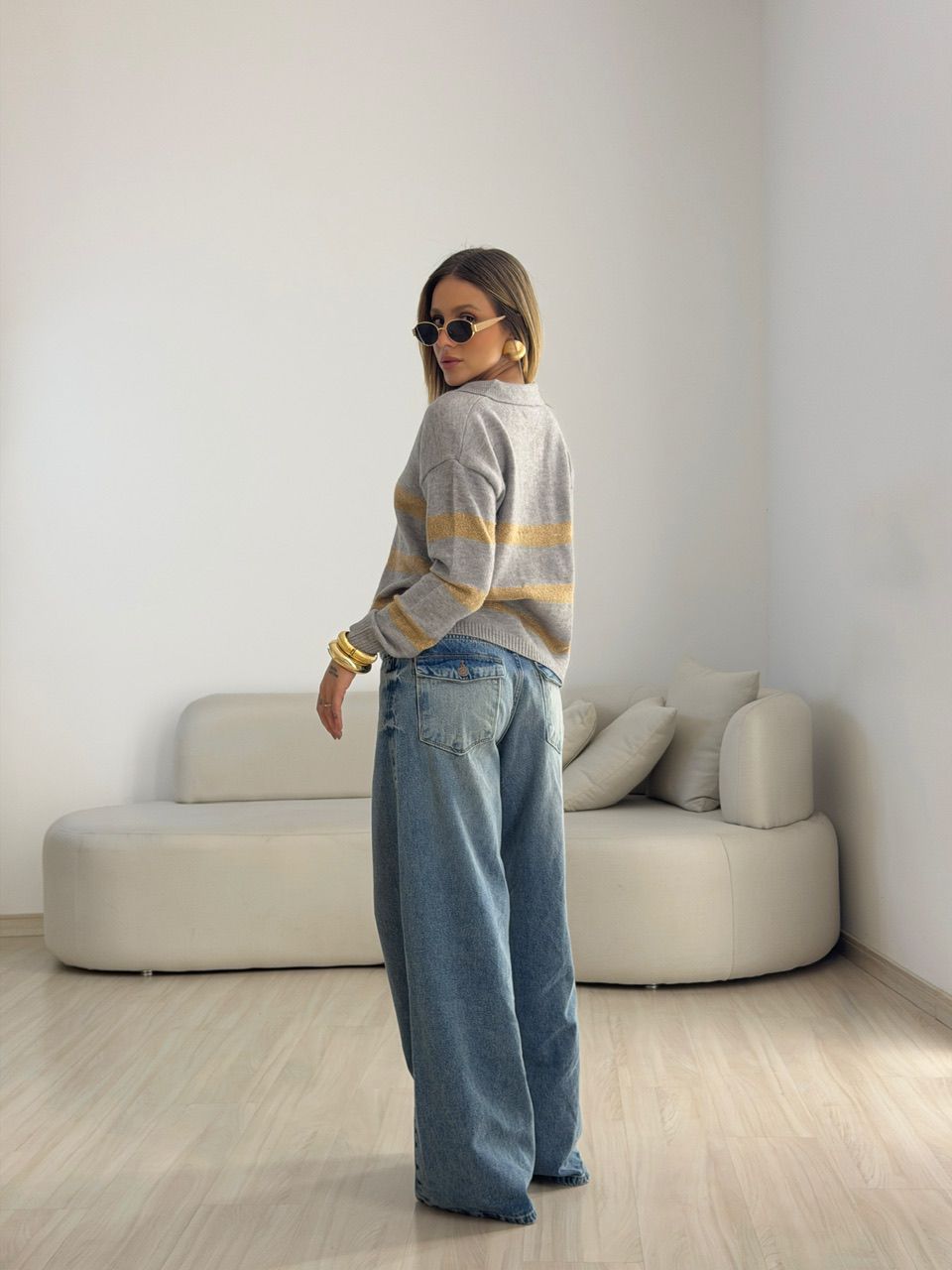 TRICOT CRISTINA LISTRAS CINZA