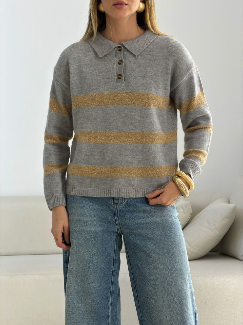 TRICOT CRISTINA LISTRAS CINZA