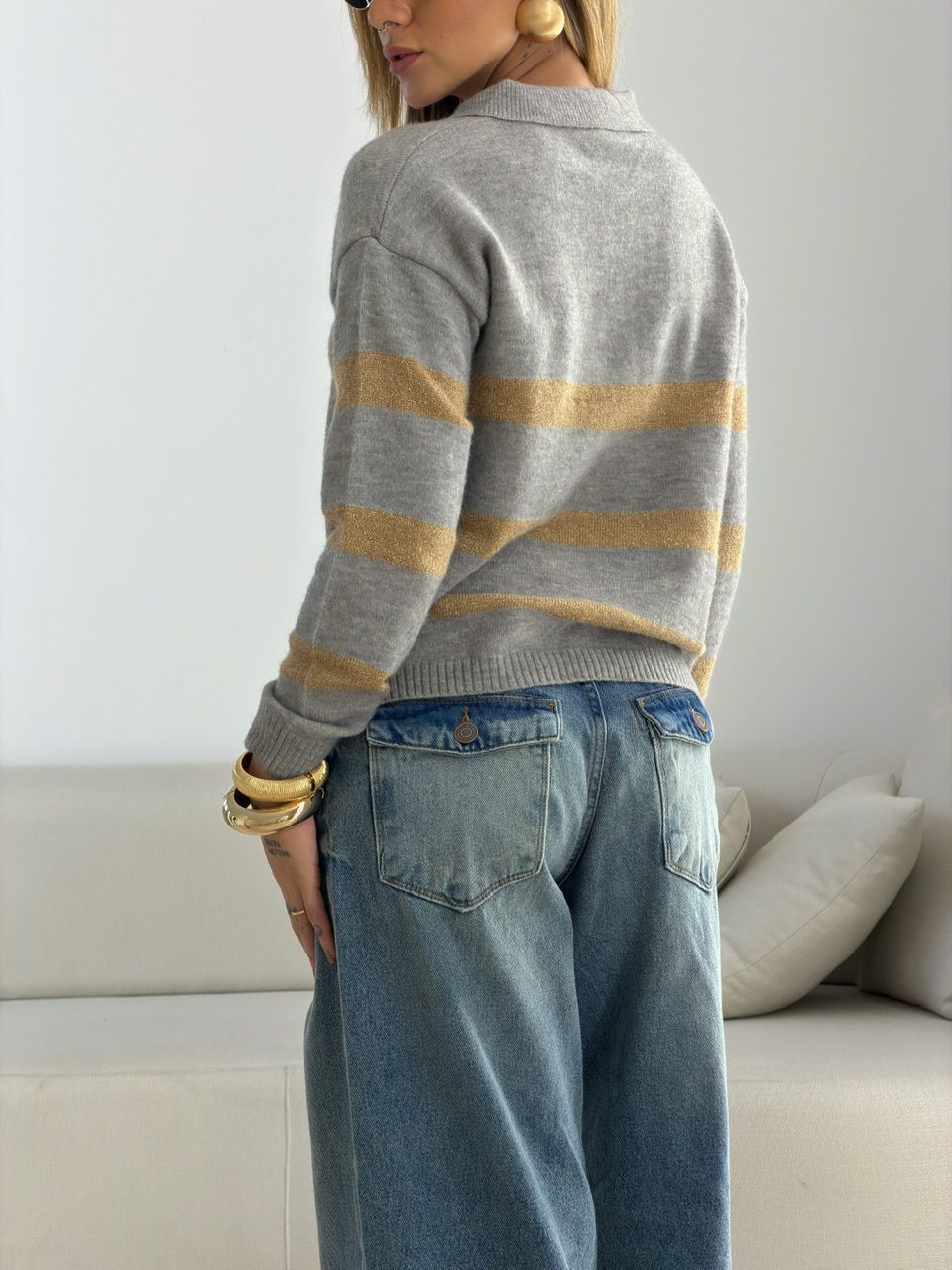 TRICOT CRISTINA LISTRAS CINZA