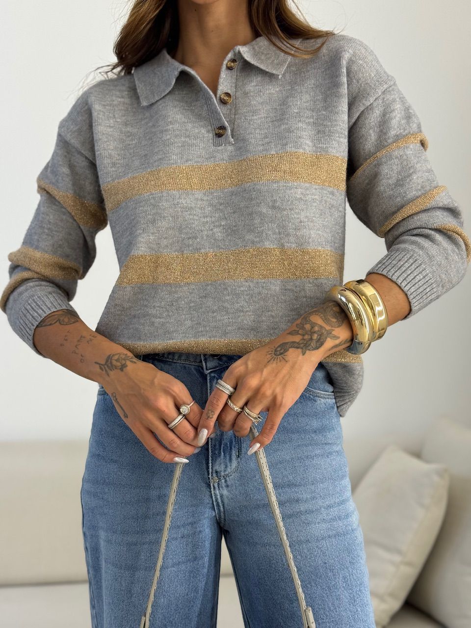 TRICOT CRISTINA LISTRAS CINZA