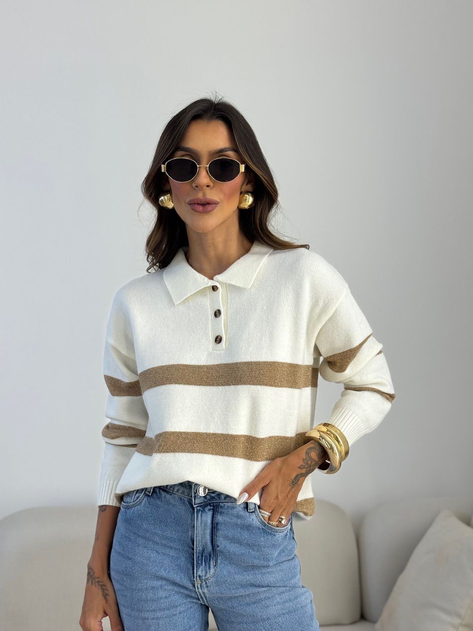 TRICOT CRISTINA LISTRAS OFF - 0075460048 - CAROLLA FERRARO