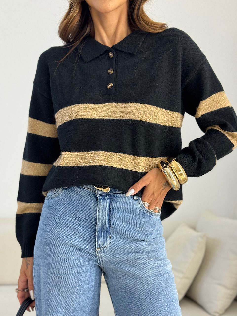 TRICOT CRISTINA LISTRAS PRETO