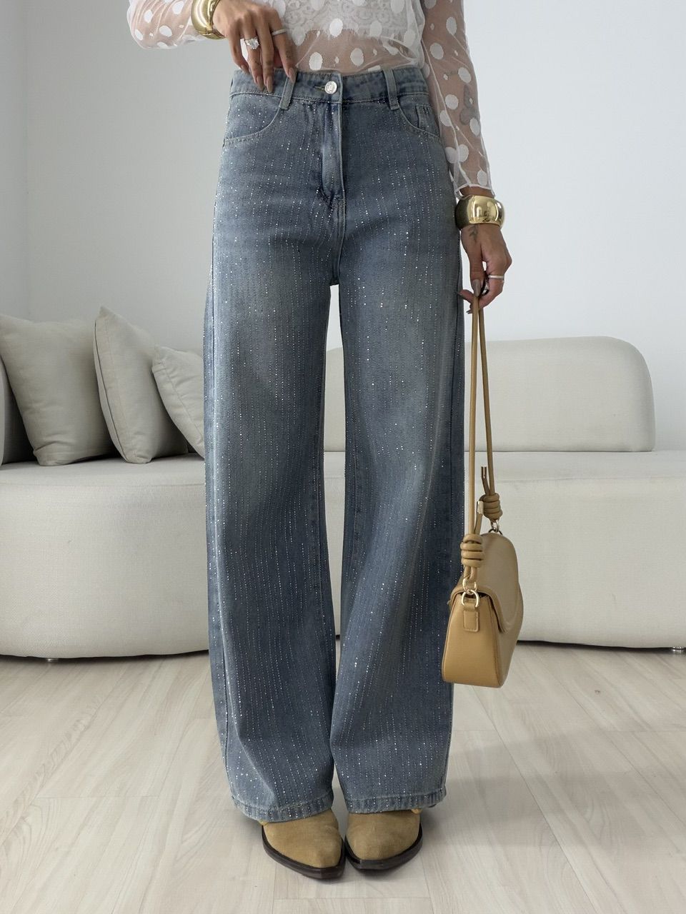 CALÇA ARIEL BRILHO Jeans Claro - 0079360071 - CAROLLA FERRARO