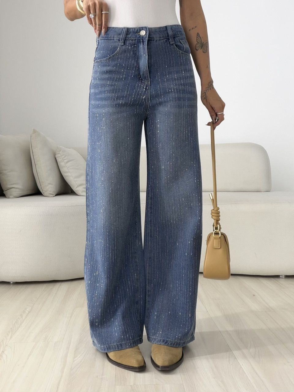 CALÇA ARIEL BRILHO JEANS MÉDIO - 0079360423 - CAROLLA FERRARO