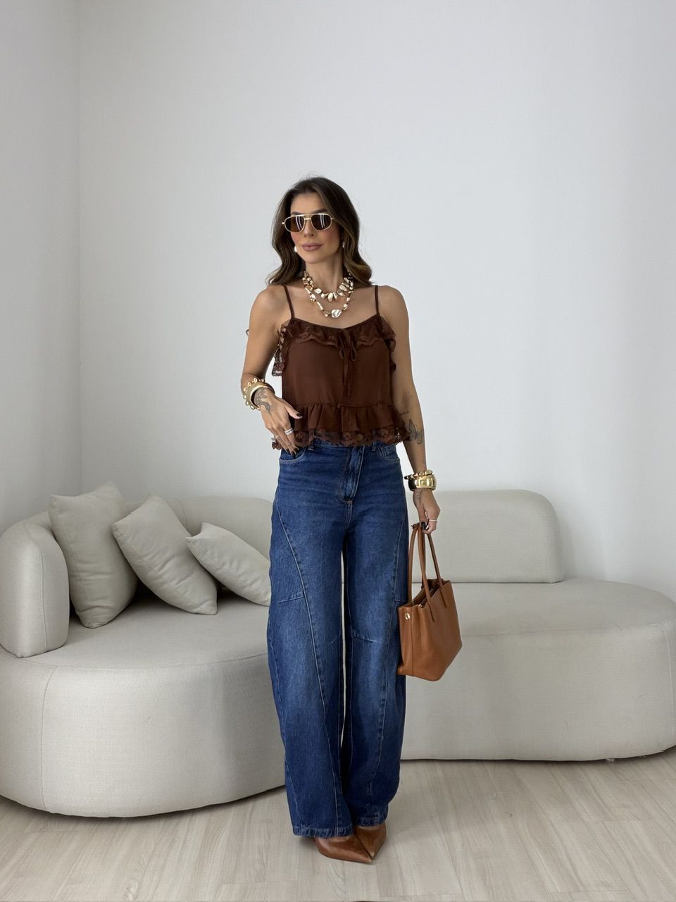 BLUSA LUARA RENDA MARROM