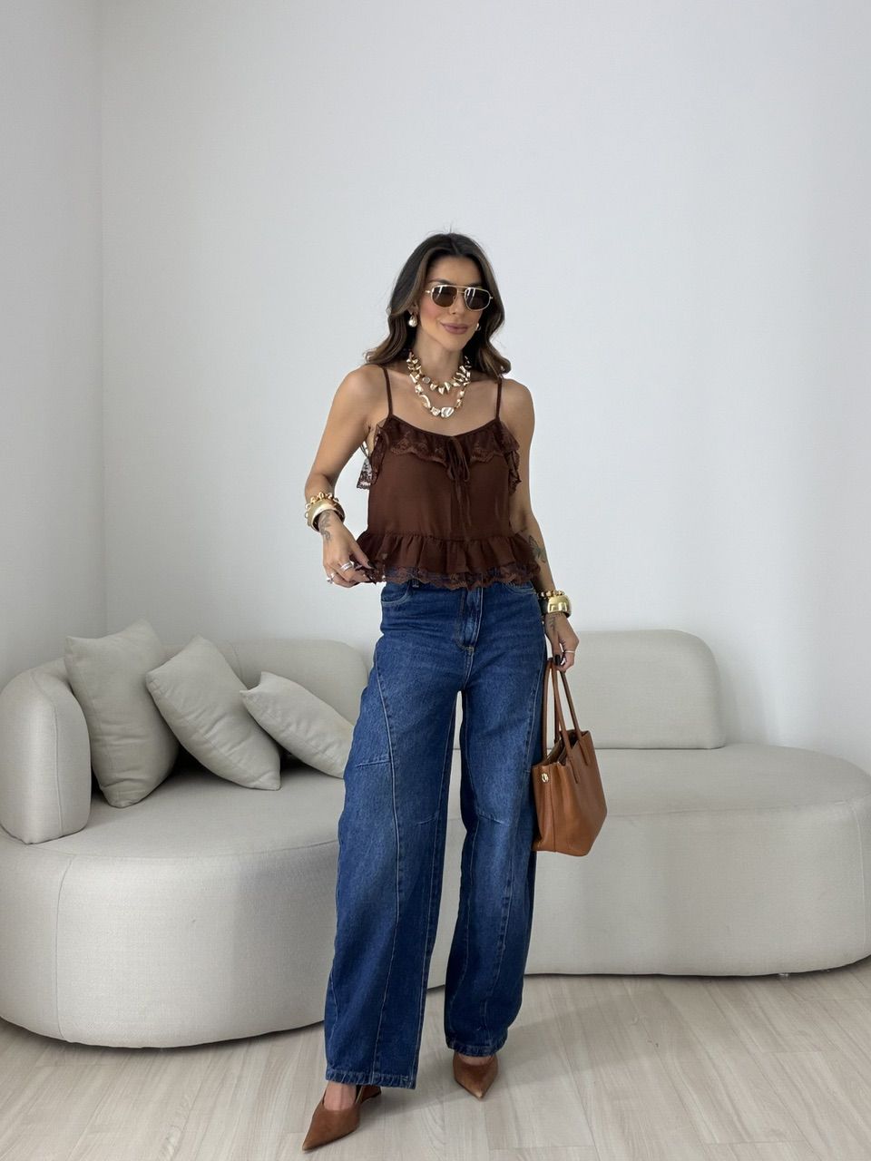BLUSA LUARA RENDA MARROM