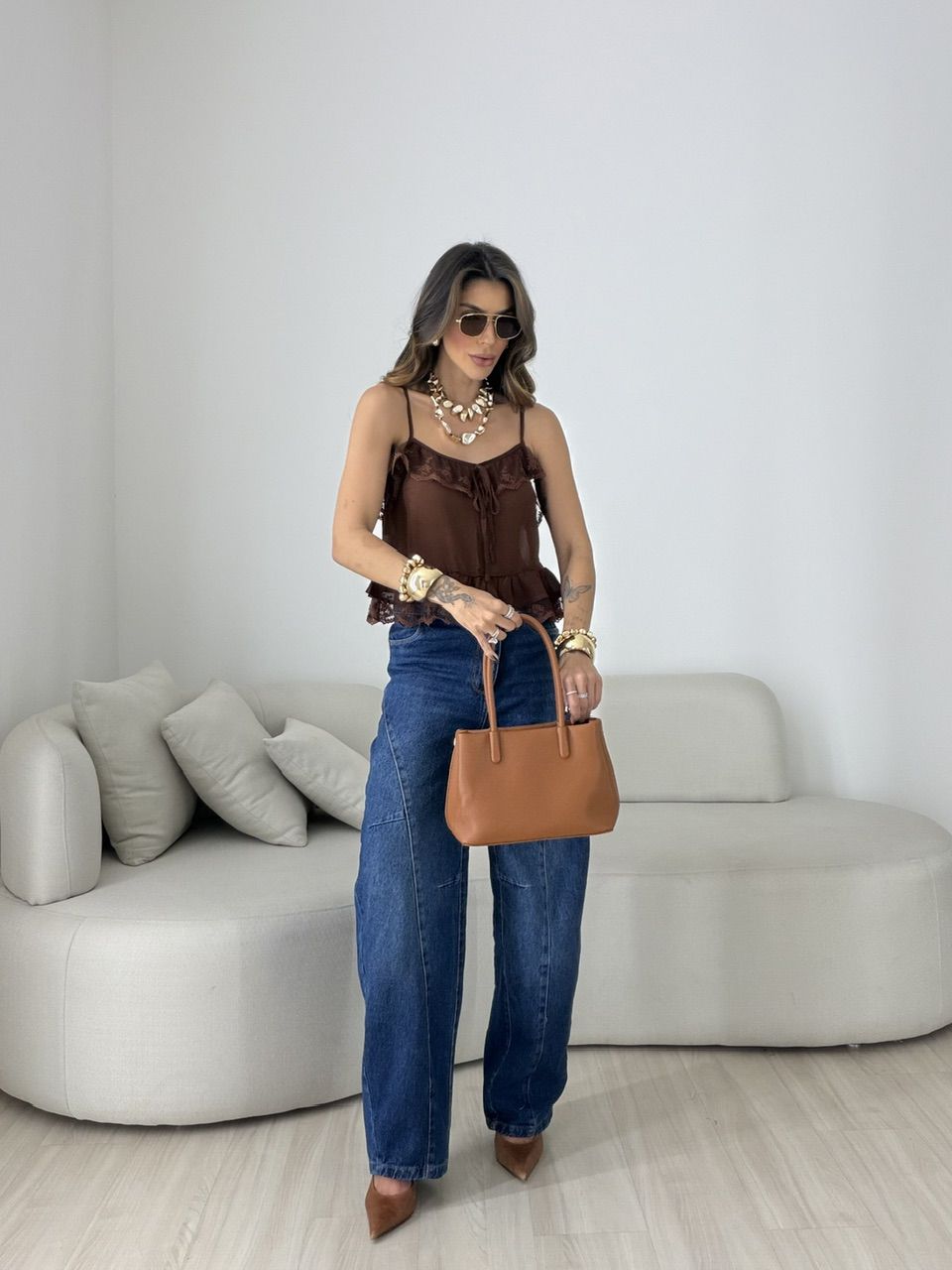 BLUSA LUARA RENDA MARROM