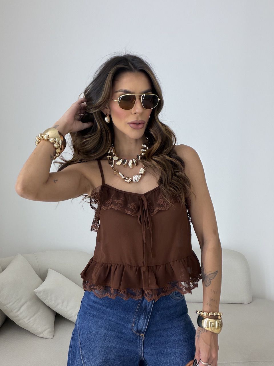 BLUSA LUARA RENDA MARROM