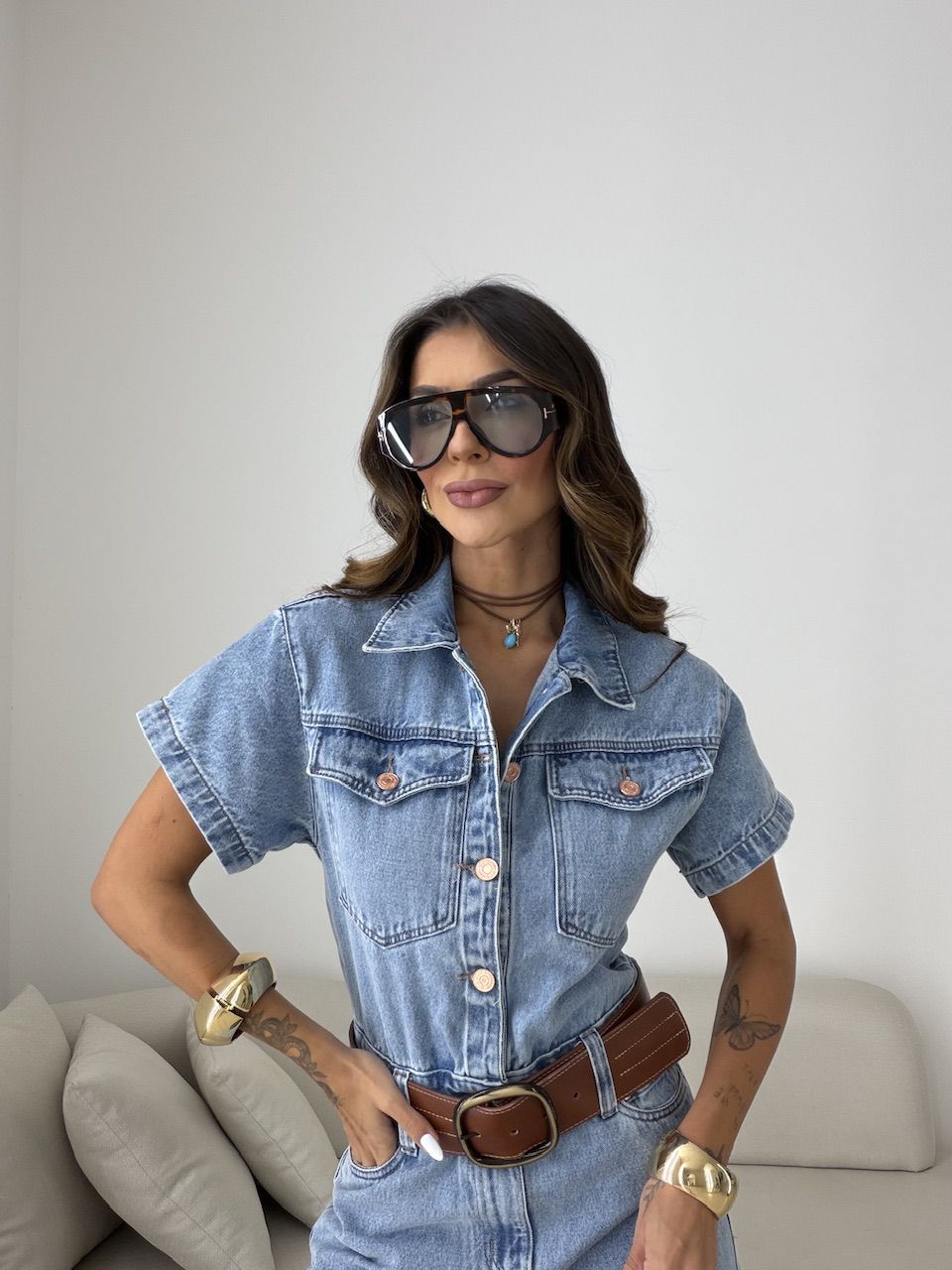 MACACÃO VIVIANE MANGUINHA JEANS CLARO