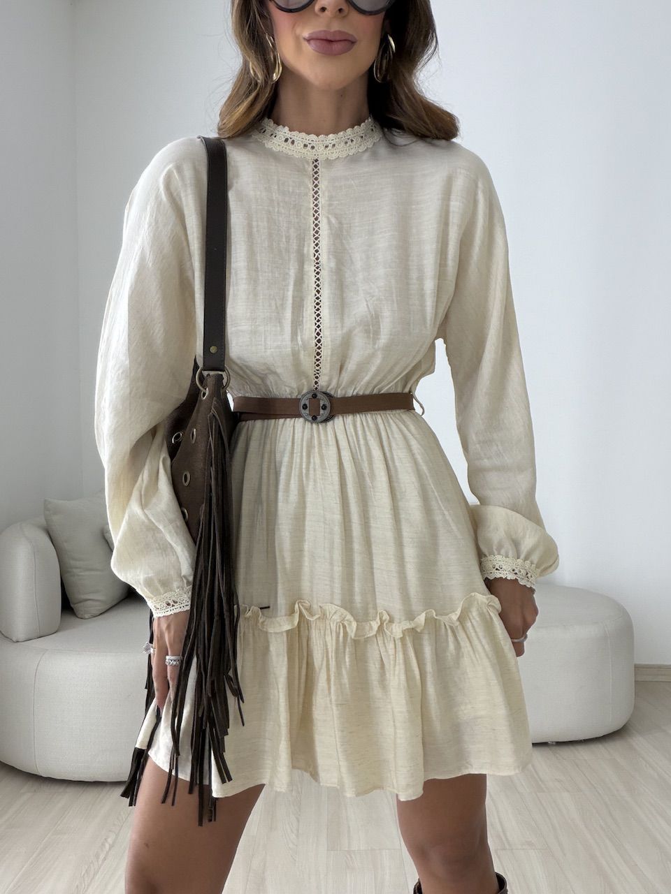 VESTIDO SAMIRA MANGA LONGA AREIA