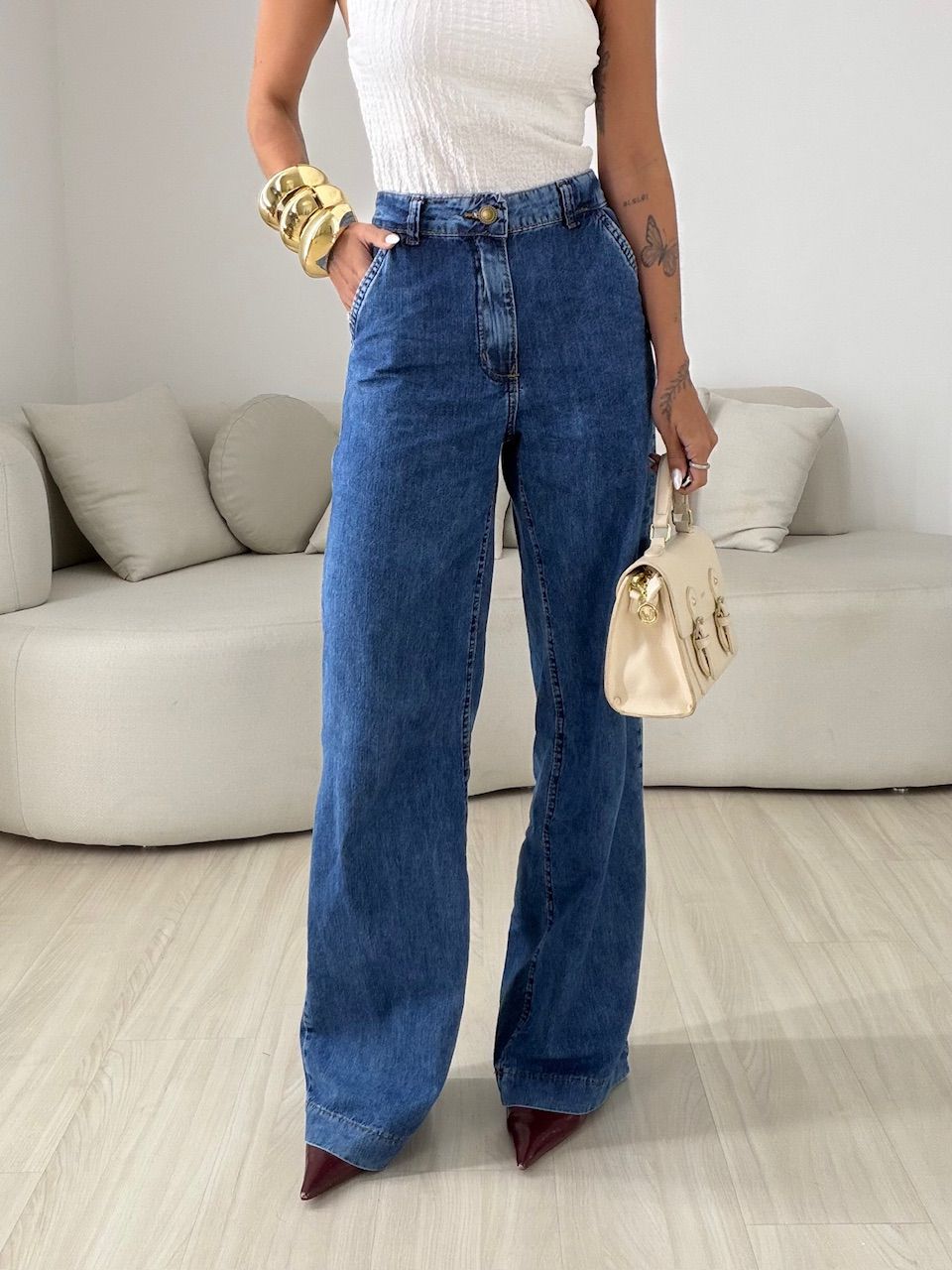 CALÇA LAILA WIDE LEG JEANS ESCURO - 0081320070 - CAROLLA FERRARO