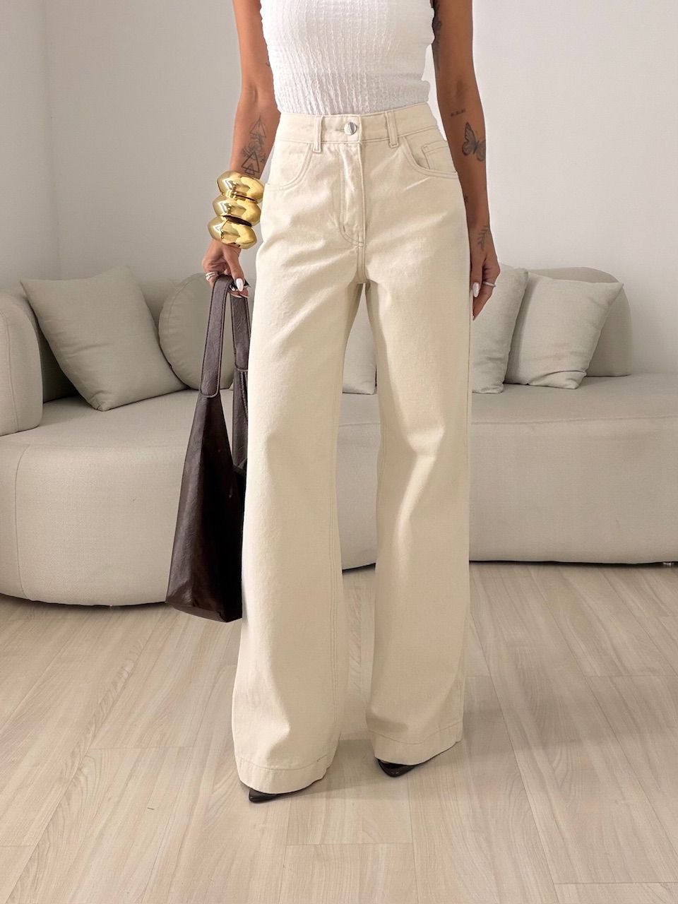 CALÇA MARIANE WIDE LEG CRU - 0081300132 - CAROLLA FERRARO
