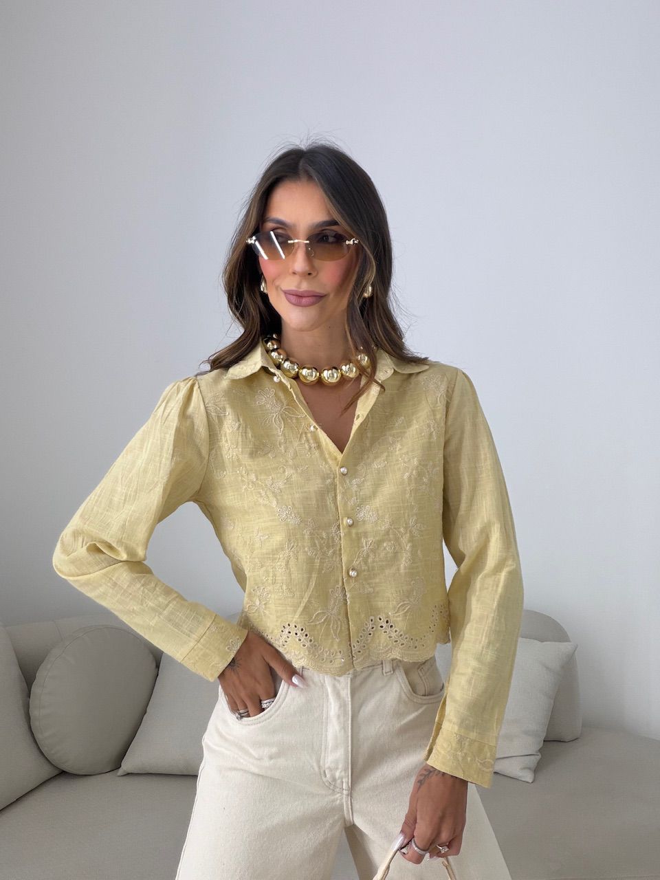 CAMISA LEILA BORDADA NUDE - 0081330049 - CAROLLA FERRARO