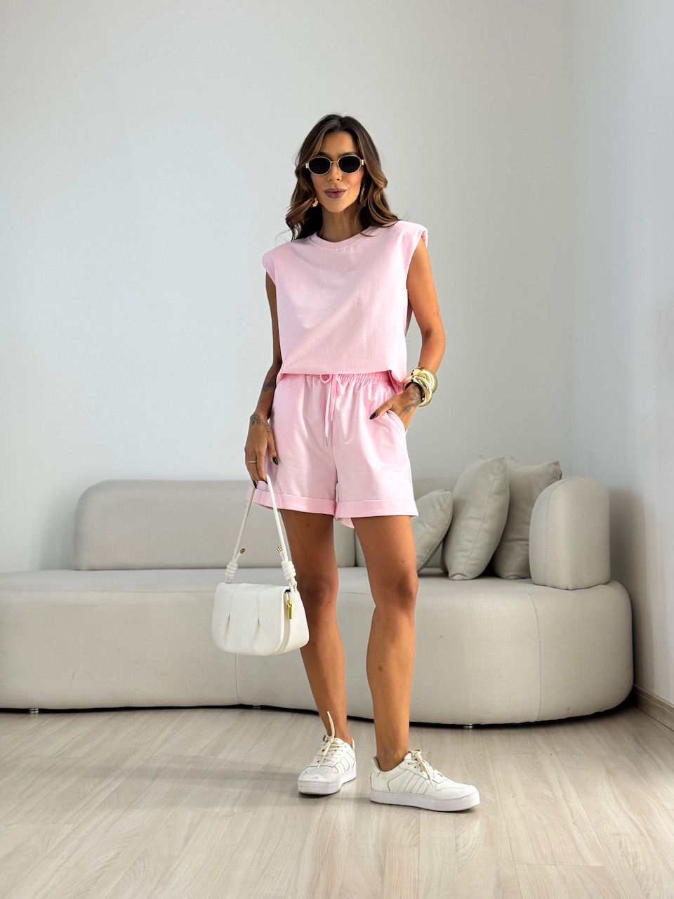 CONJUNTO VIVIANE BLUSA MUSCLE SHORT BABY PINK - 00... - CAROLLA FERRARO