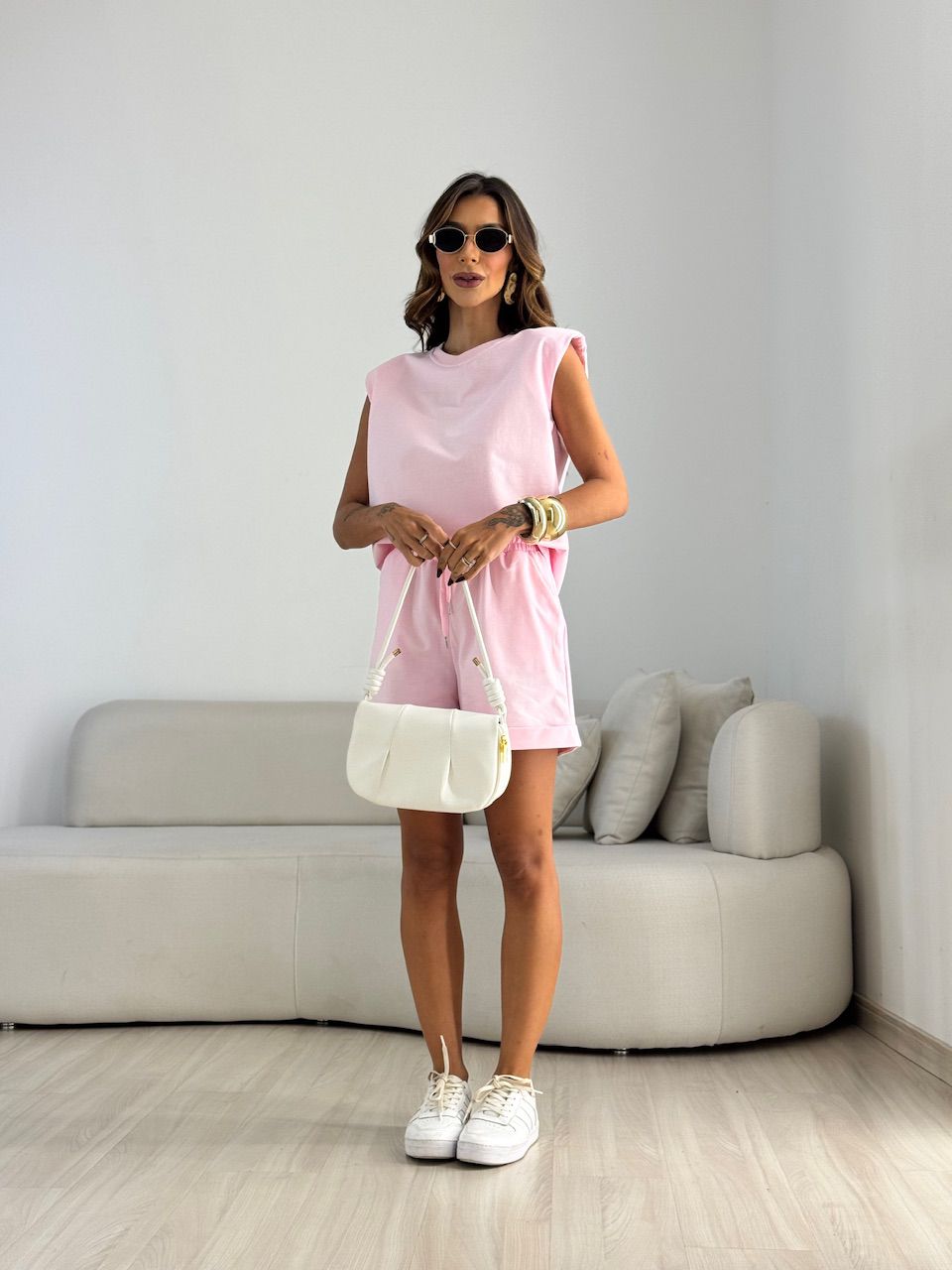 CONJUNTO VIVIANE BLUSA MUSCLE SHORT BABY PINK