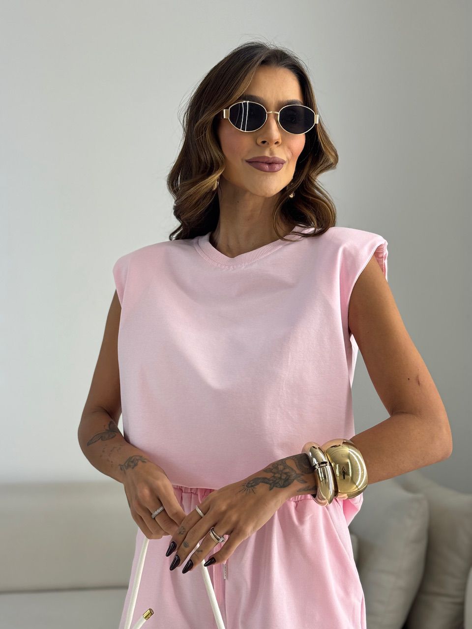 CONJUNTO VIVIANE BLUSA MUSCLE SHORT BABY PINK