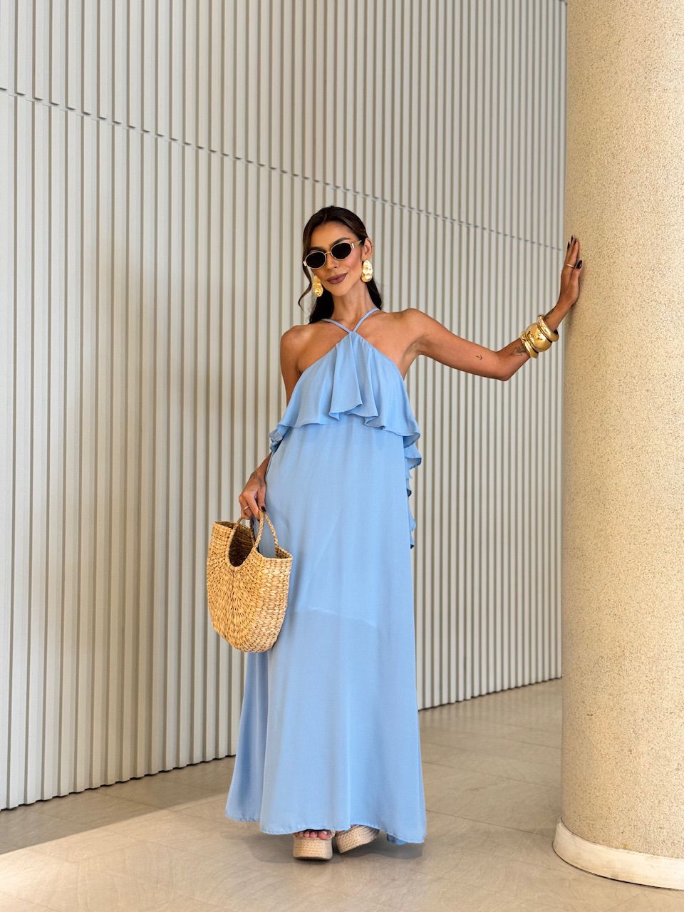 VESTIDO CELINE BABADO LONGO AZUL