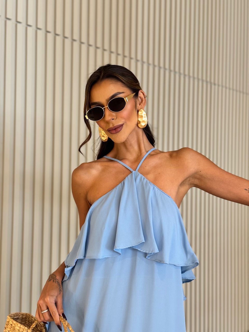 VESTIDO CELINE BABADO LONGO AZUL