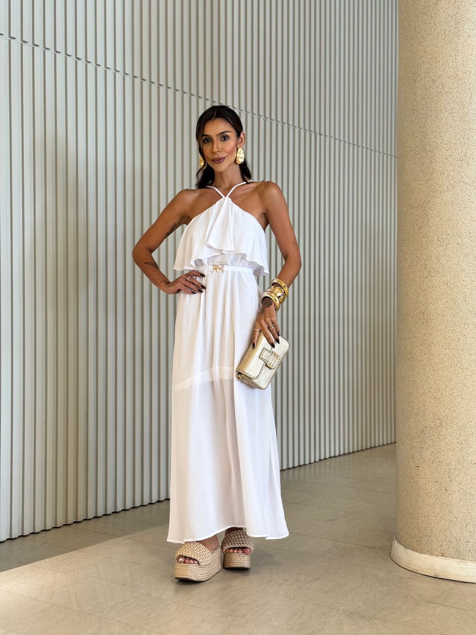 VESTIDO CELINE BABADO LONGO OFF - 0071670048 - CAROLLA FERRARO