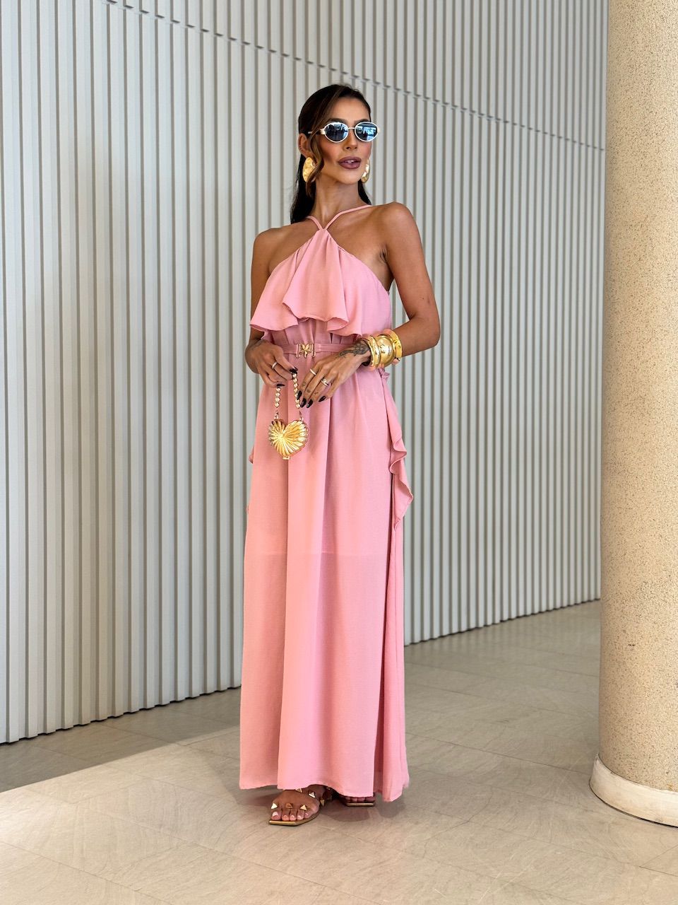 VESTIDO CELINE BABADO LONGO ROSÊ - 0071670025 - CAROLLA FERRARO