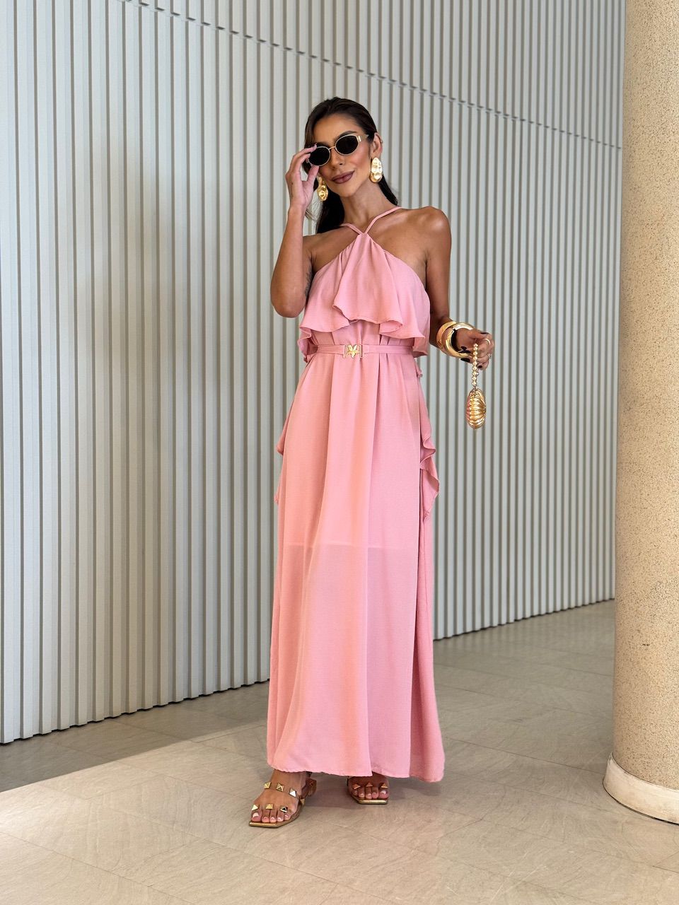 VESTIDO CELINE BABADO LONGO ROSÊ