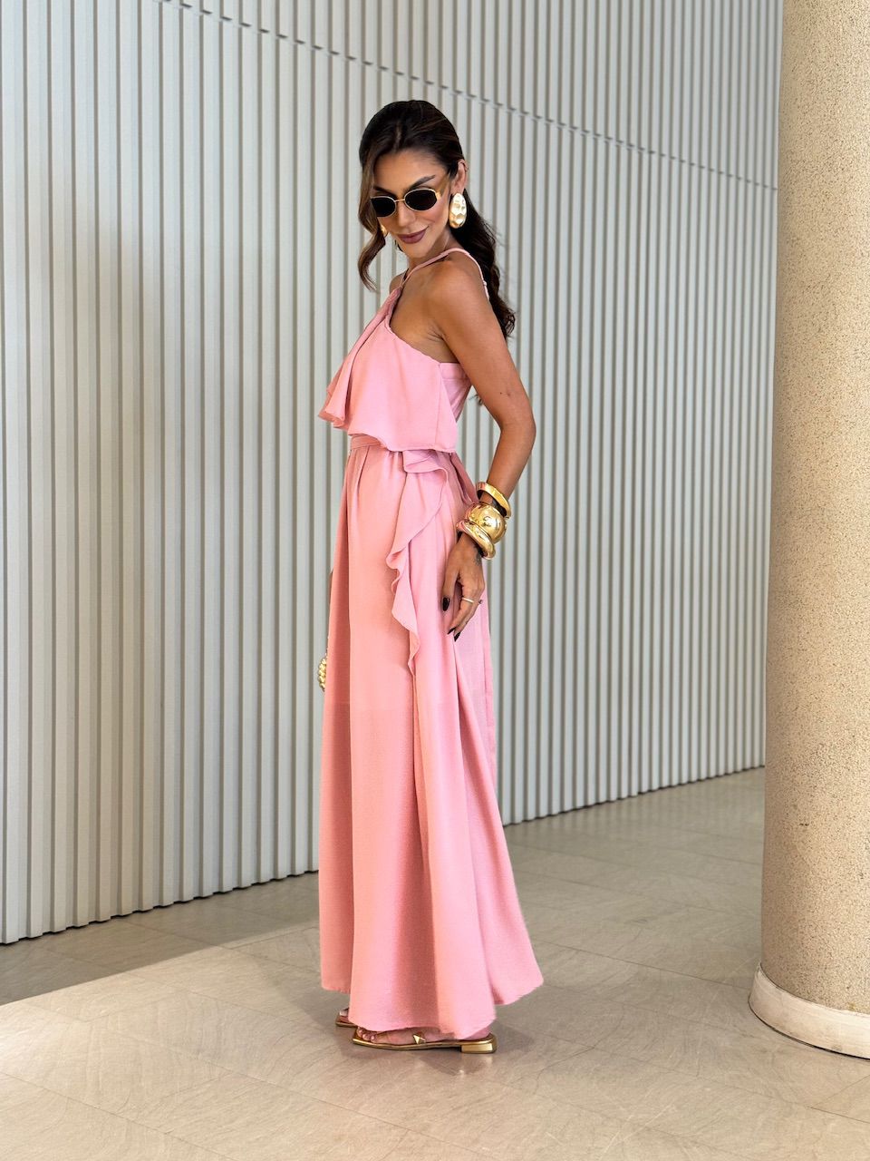 VESTIDO CELINE BABADO LONGO ROSÊ