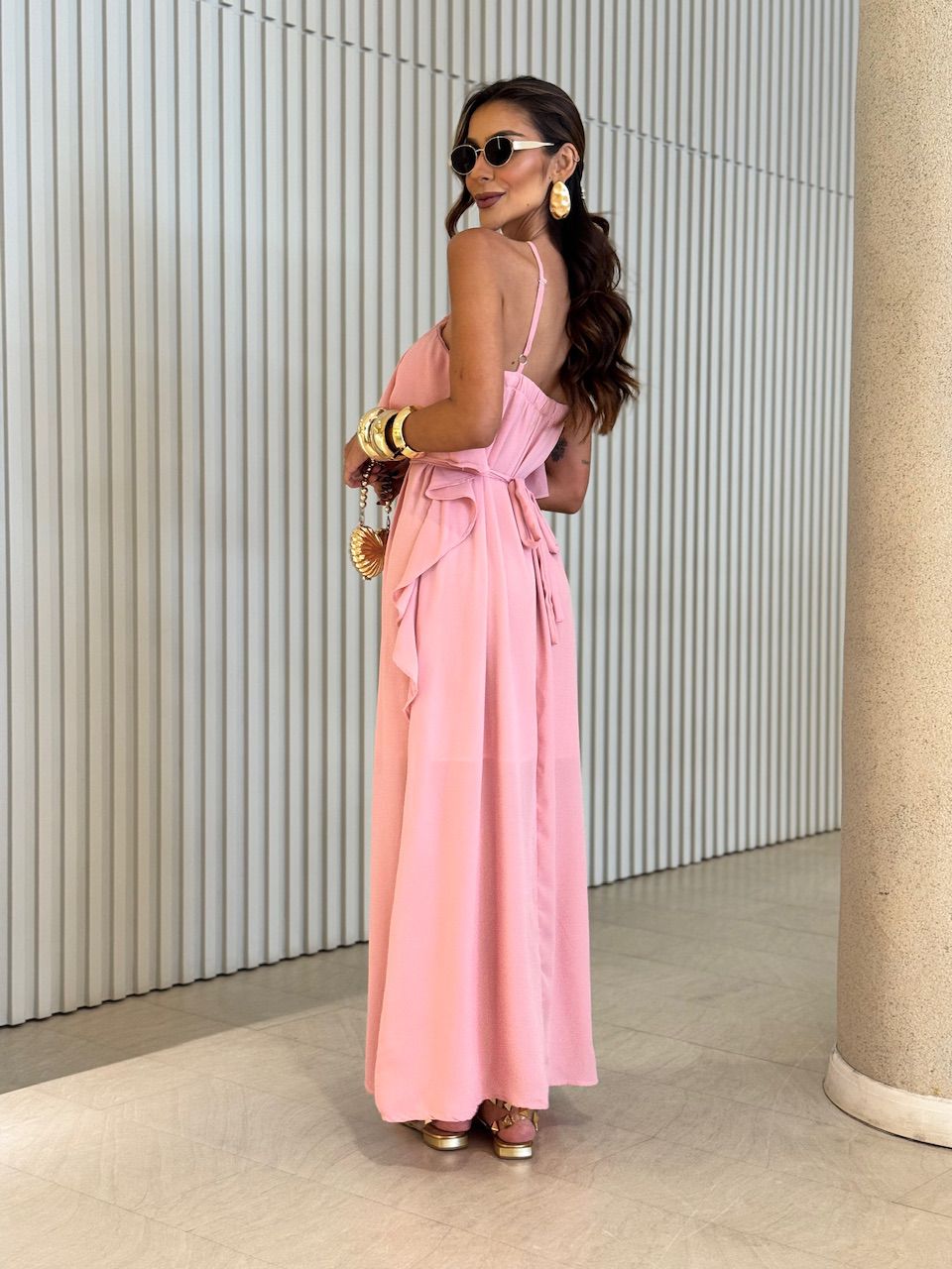 VESTIDO CELINE BABADO LONGO ROSÊ