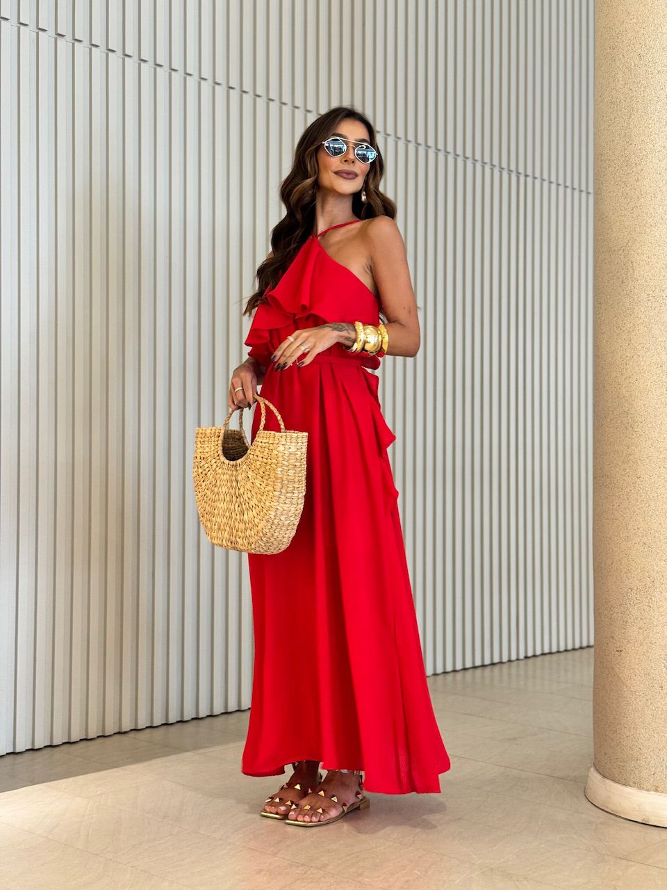 VESTIDO CELINE BABADO LONGO VERMELHO - 0071670277 - CAROLLA FERRARO