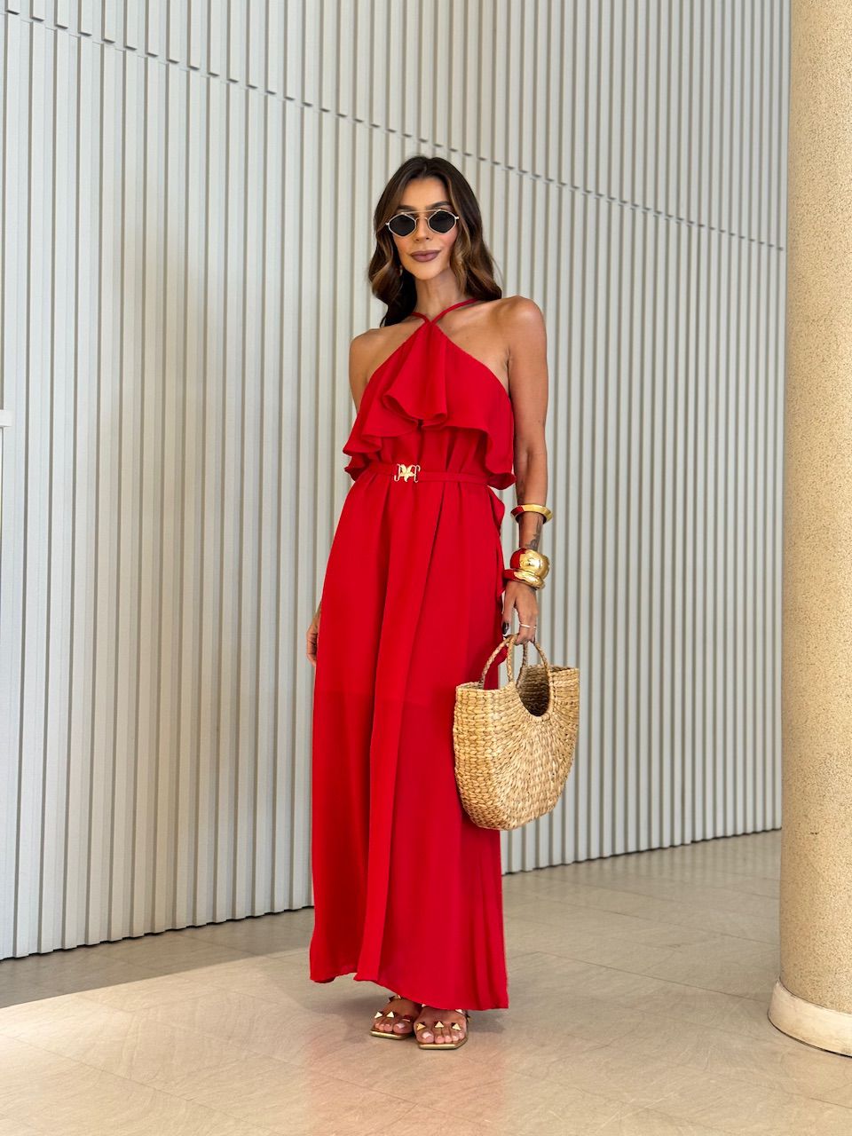 VESTIDO CELINE BABADO LONGO VERMELHO